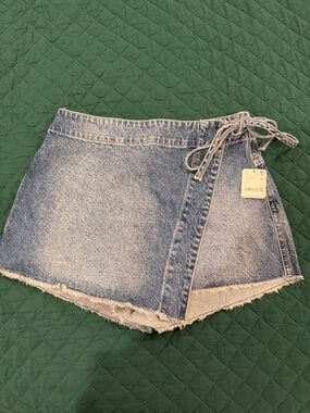Free People Light Blue Denim Wrap Skort with Frayed Hem